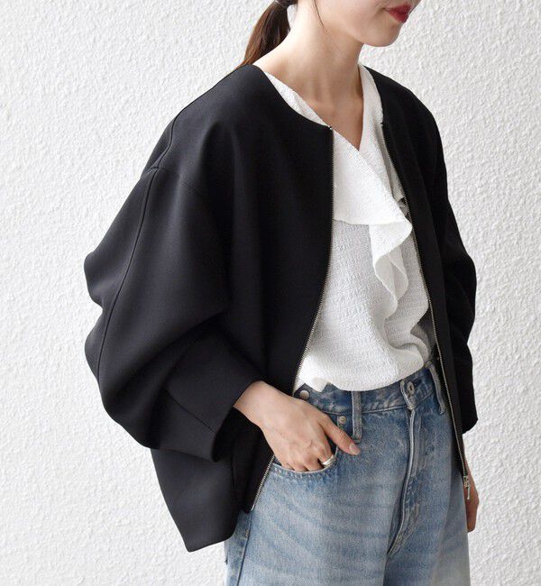 SHIPS any「SHIPS any:〈洗濯機可能〉ダブルクロス ノーカラー ジップ ブルゾン［NAVY BLUE］」|ノーカラージャケット|