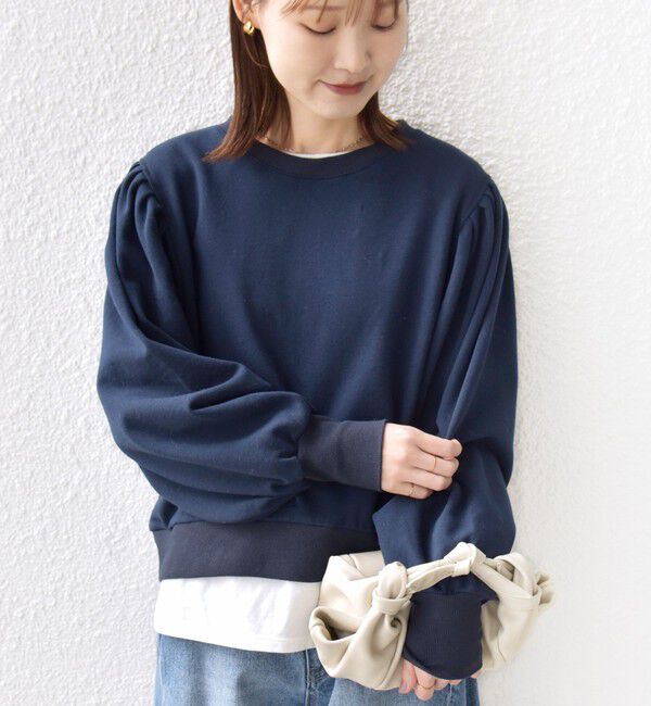 SHIPS for women「【WEB限定】〈手洗い可能〉ショルダー タック パフ スリーブ ミニ 裏毛 プルオーバー」|Tシャツ・カットソー|ネイビー