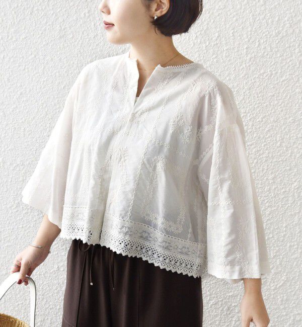 SHIPS for women「《一部追加予約》〈手洗い可能〉パッチワーク レース ショート スリーブ 羽織 ブラウス」|シャツ・ブラウス|