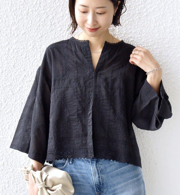 SHIPS for women「《一部追加予約》〈手洗い可能〉パッチワーク レース ショート スリーブ 羽織 ブラウス」|シャツ・ブラウス|