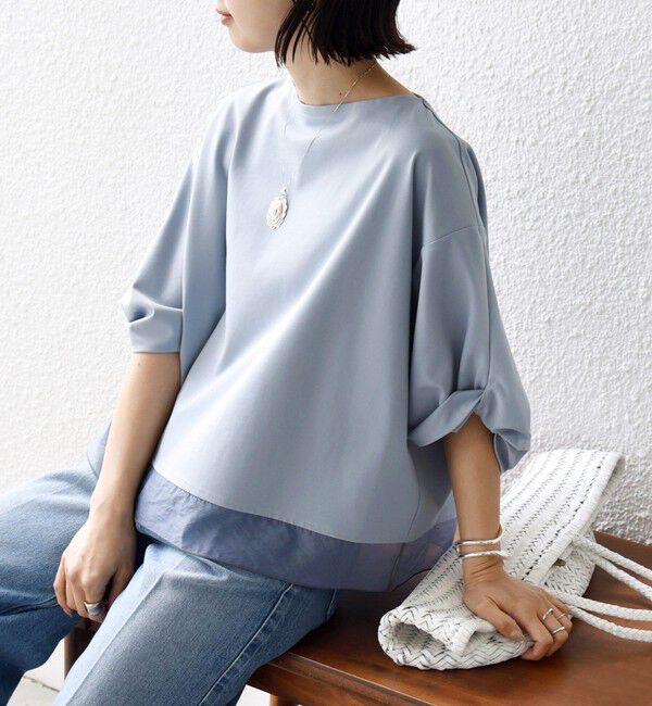 SHIPS for women「《一部追加予約》〈洗濯機可能〉袖 ツイスト デザイン シアー ドッキング TEE」|Tシャツ・カットソー|ライトブルー