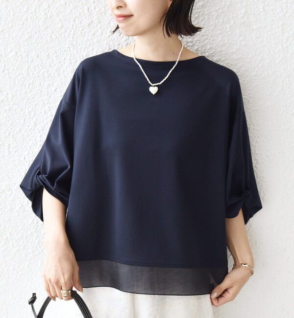 SHIPS for women「《一部追加予約》〈洗濯機可能〉袖 ツイスト デザイン シアー ドッキング TEE」|Tシャツ・カットソー|