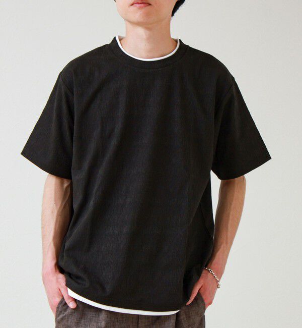 GLOSTER「【1枚でレイヤード風】ストライプジャガード フェイクレイヤーTシャツ」|Tシャツ・カットソー|