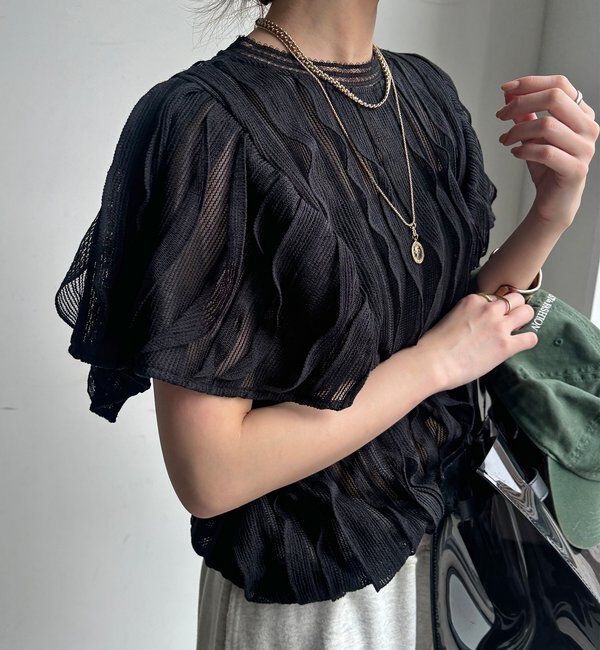  「【WEB限定】縦レースフリルトップス」|Tシャツ・カットソー|ブラック