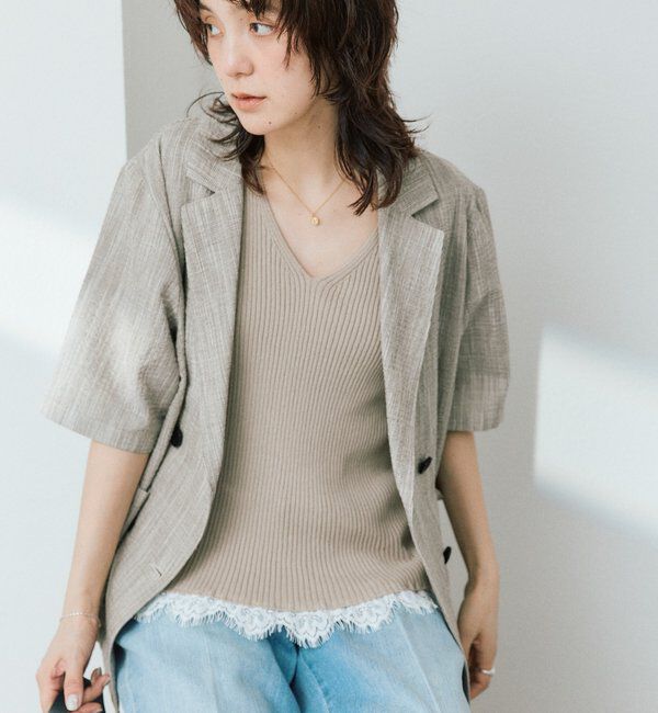 「【ほどよい華やかさをプラス/セットアップ対応可】レースヘムスリーブレスニット」|ニット・セーター|