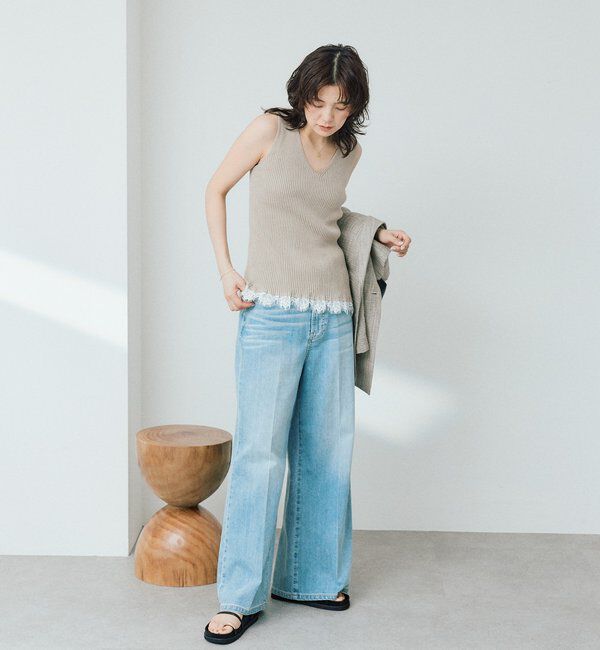  「【ほどよい華やかさをプラス/セットアップ対応可】レースヘムスリーブレスニット」|ニット・セーター|