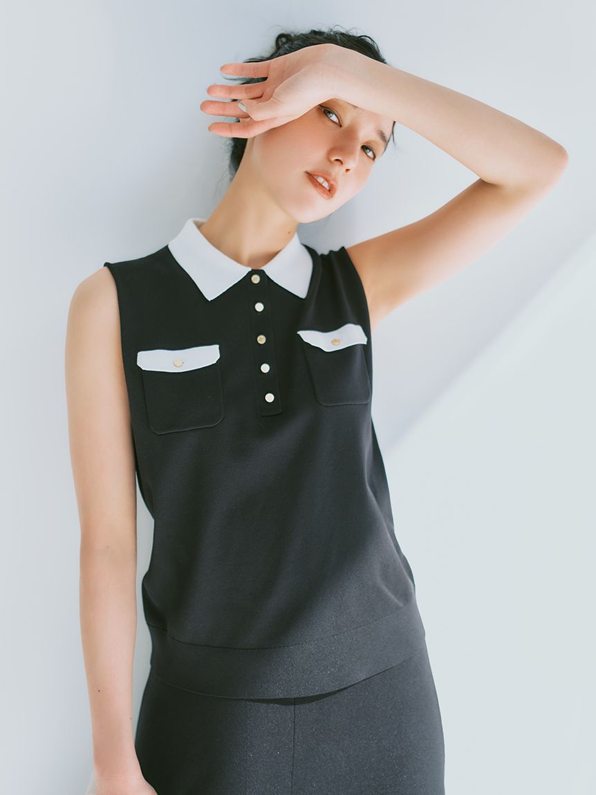 Mila Owen「【WEB限定カラー】【UVカット】金釦ノースリポロニットスカートSET UP」|ワンピース|
