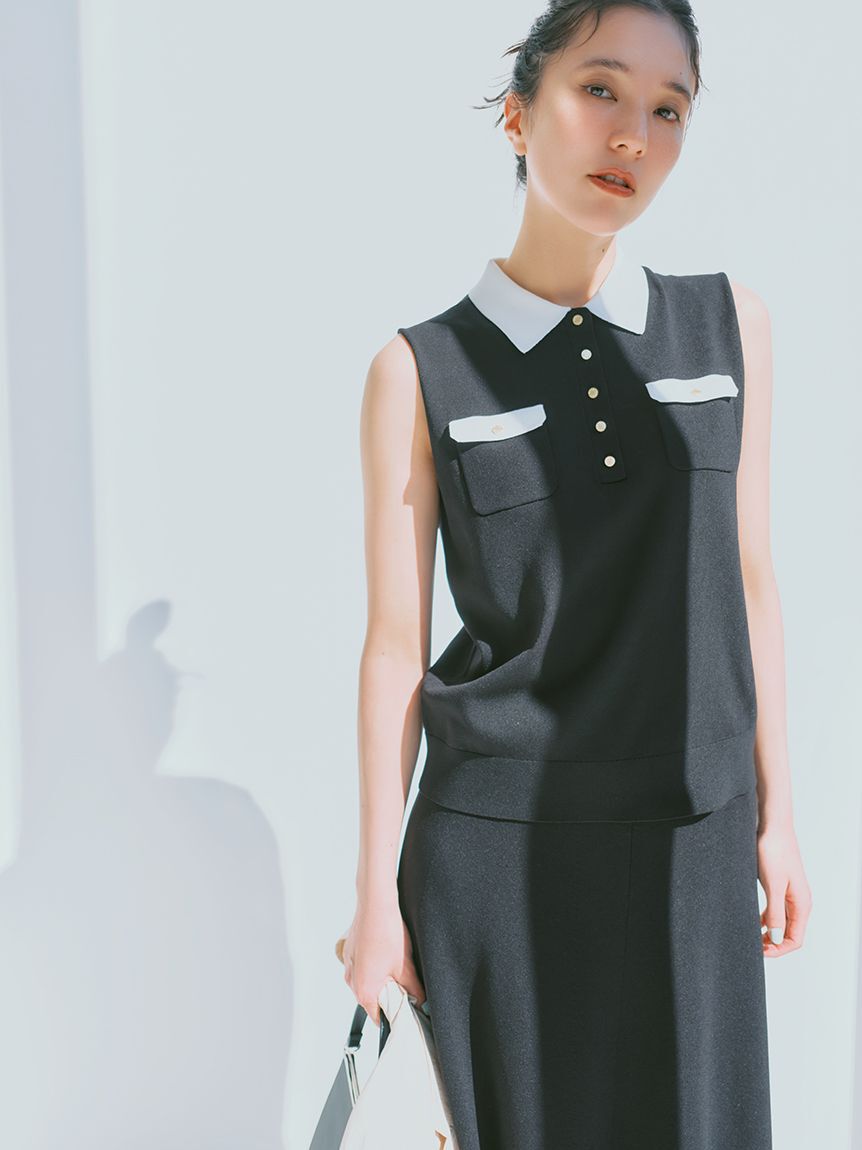 Mila Owen「【WEB限定カラー】【UVカット】金釦ノースリポロニットスカートSET UP」|ワンピース|