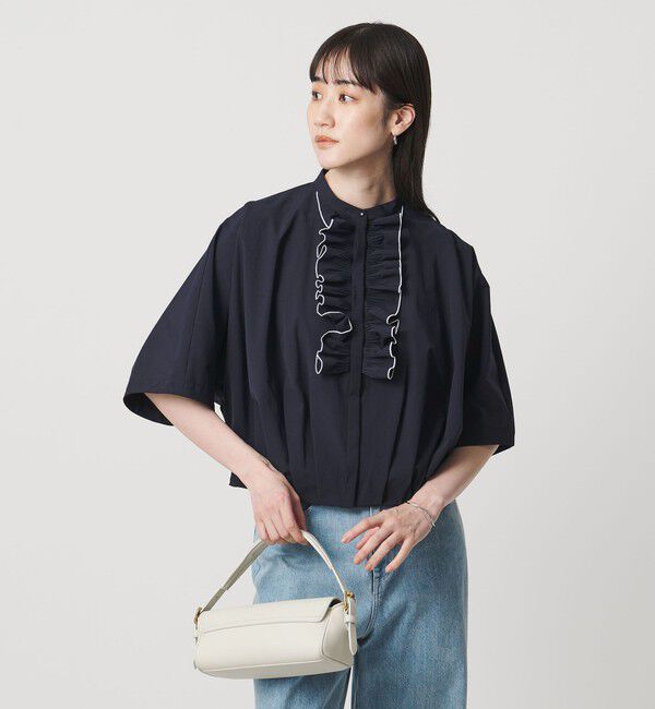 UNITED ARROWS「メロー フリル シャツ ブラウス ‐防しわ 吸水速乾 UVカット 遮熱性 接触冷感 ウォッシャブル‐」|シャツ・ブラウス|NAVY