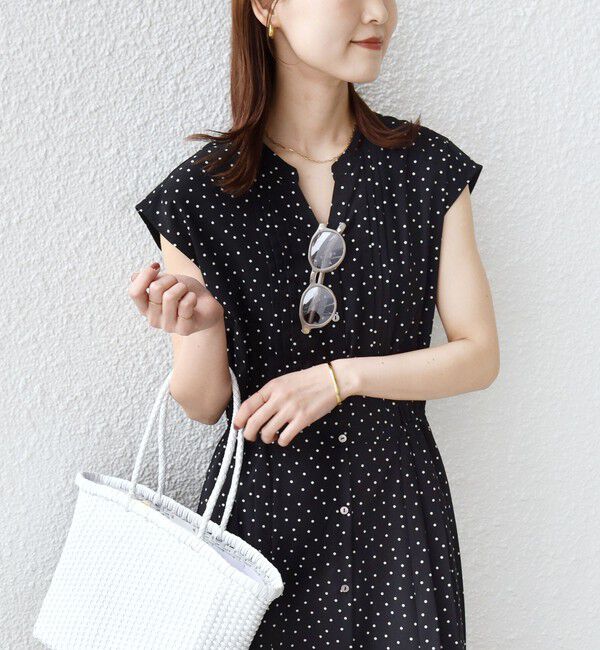 SHIPS for women「【WEB限定】〈洗濯機可能〉ドット 花柄 サイド プリーツ フレンチスリーブ ワンピース」|ワンピース|ブラック系