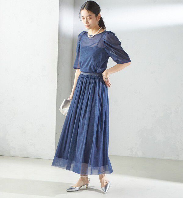 SHIPS for women「troisiemeCHACO:〈手洗い可能〉デニム プリント チュール ブラウス」|シャツ・ブラウス|