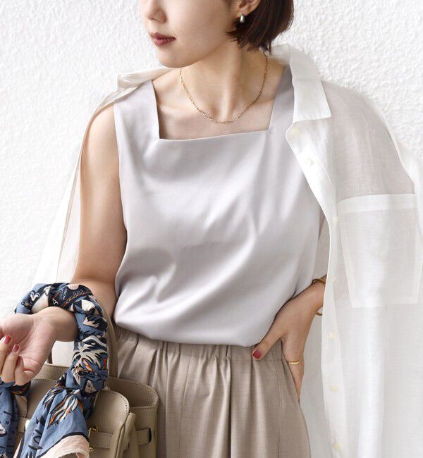 SHIPS for women「〈手洗い可能〉2WAY サテン &times; カットソー スクエア タンクトップ」|タンクトップ|シルバーグレー