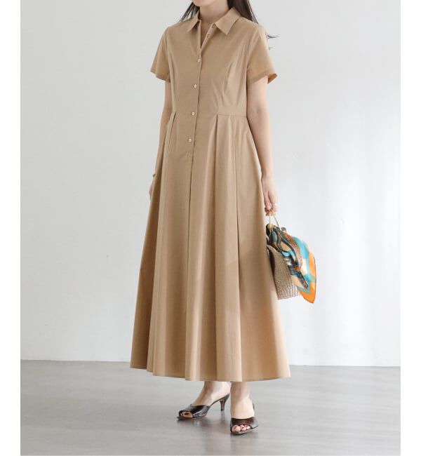  「【洗える】タックシャツワンピース」|ワンピース|キャメル