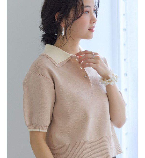 VIS「ダブルカラー半袖ポロニットトップス/WEB限定カラー」|ポロシャツ|ベージュ(27)