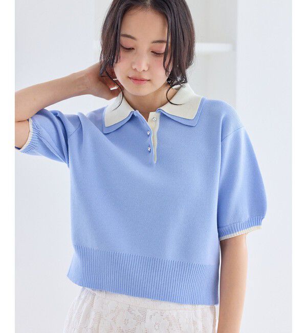 VIS「ダブルカラー半袖ポロニットトップス/WEB限定カラー」|ポロシャツ|サックス(48)