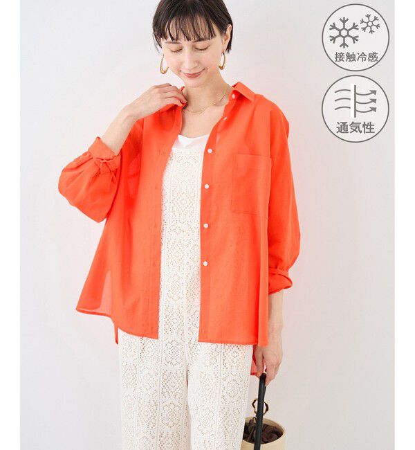 Rope&rsquo;Picnic「お着軽シャツシリーズ 無地・ストライプ 2WAYシアーブラウス/接触冷感・通気性」|シャツ・ブラウス|オレンジ(70)