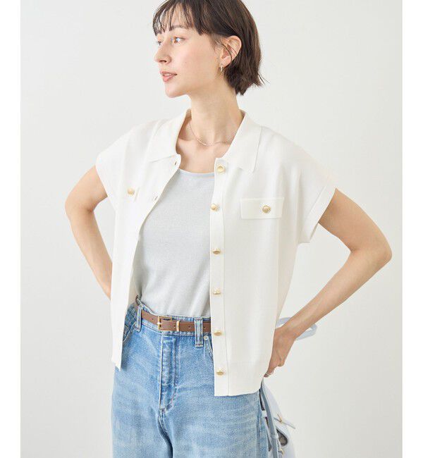 Rope&rsquo;Picnic「八方映えニット 金ボタンフレンチスリーブポロカラーカーディガン/UVカット・接触冷感・イージーケア」|カーディガン|