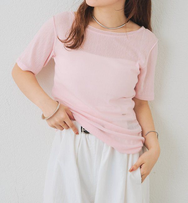  「サイドギャザーシアーTシャツ」|Tシャツ・カットソー|ピンク