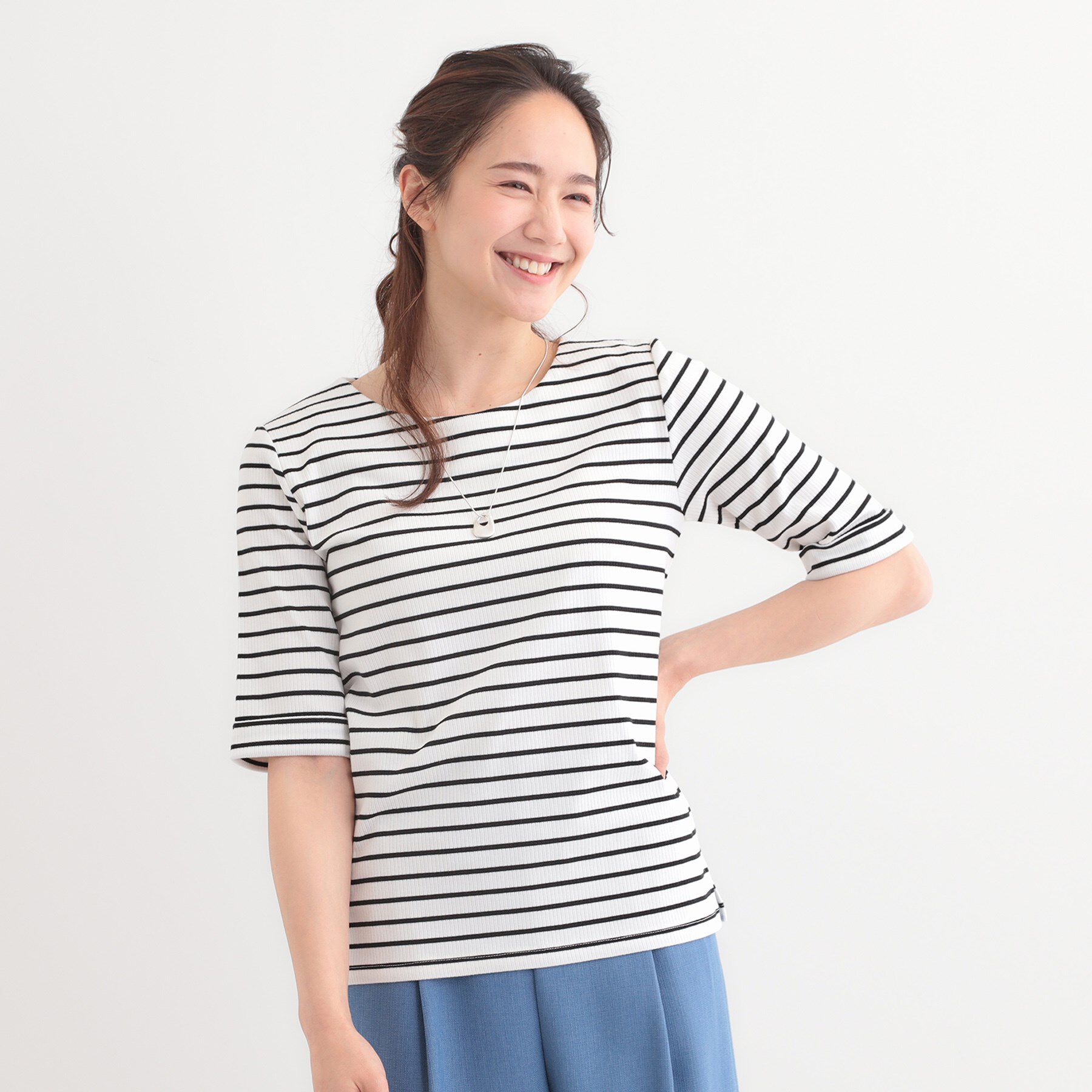 SHOO･LA･RUE「【S-LL】1枚でもインナーでも テレコ5分袖トップス」|Tシャツ・カットソー|