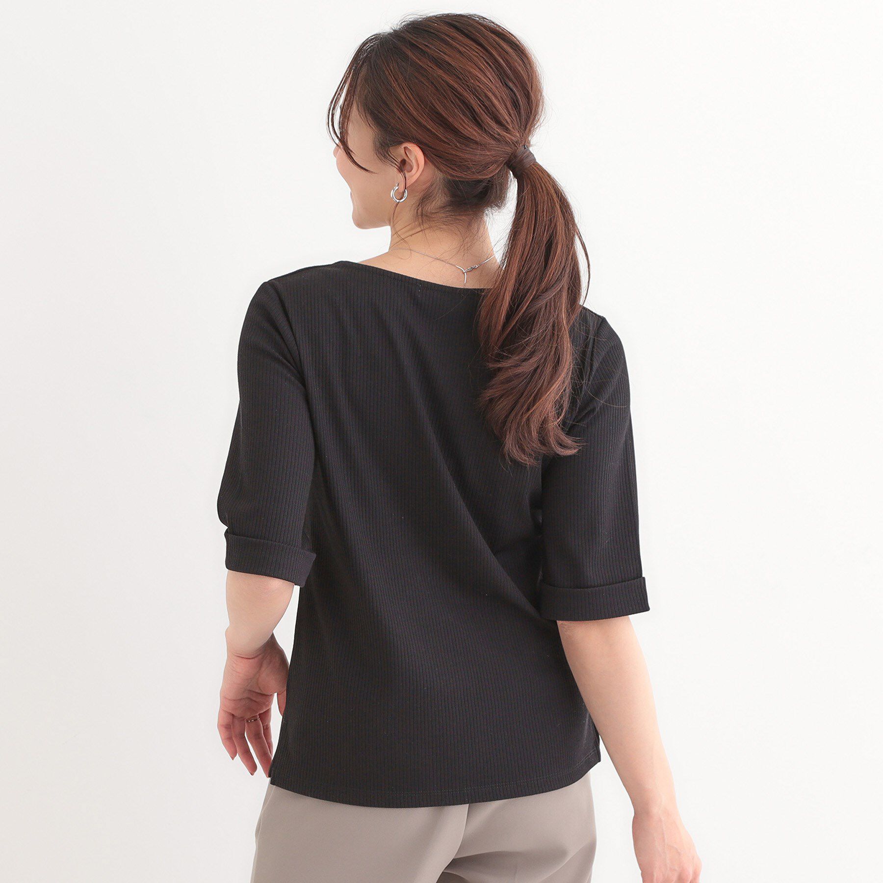 SHOO･LA･RUE「【S-LL】1枚でもインナーでも テレコ5分袖トップス」|Tシャツ・カットソー|