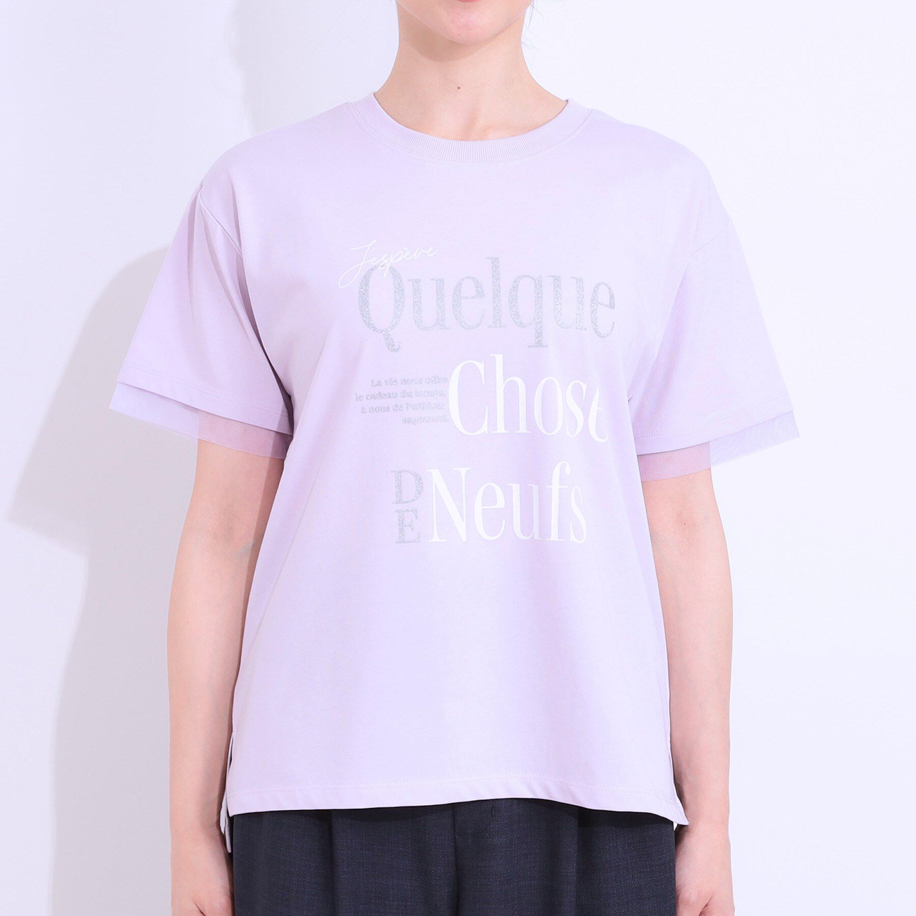 SHOO･LA･RUE「【ひんやり/UVカット】選べる3柄 お袖チュールで差をつける ロゴプリントTシャツ」|Tシャツ・カットソー|