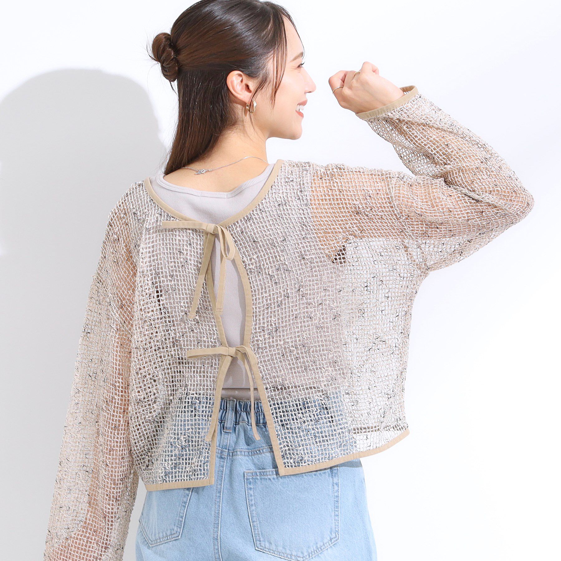 SHOO･LA･RUE「【前後2WAY】夏でもさらりと羽織れる メッシュリボンカーディガン」|カーディガン|アイボリー(004)