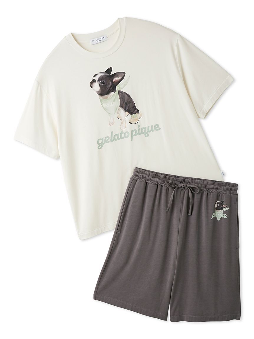 GELATO PIQUE HOMME「【HOMME】【接触冷感】レーヨンボストンテリアワンポイントTシャツ&ハーフパンツセット」|ルームウェア|