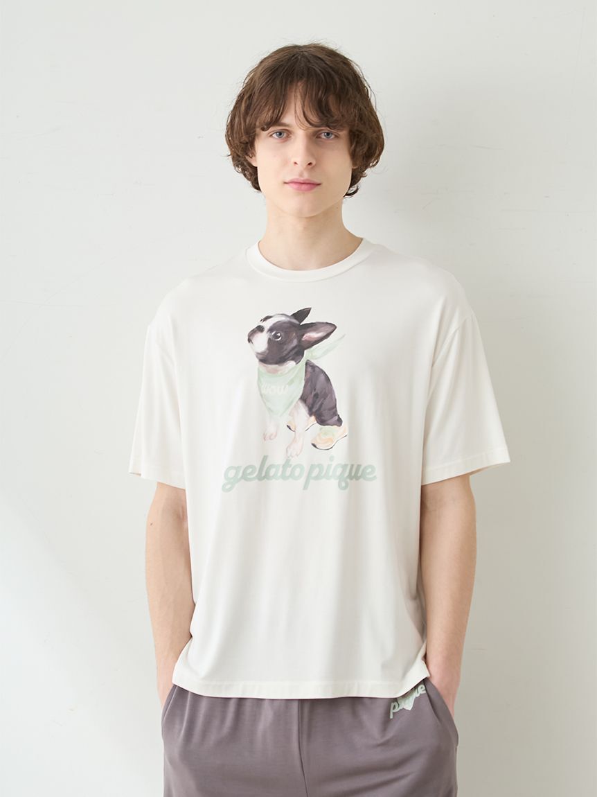 GELATO PIQUE HOMME「【HOMME】【接触冷感】レーヨンボストンテリアワンポイントTシャツ&ハーフパンツセット」|ルームウェア|