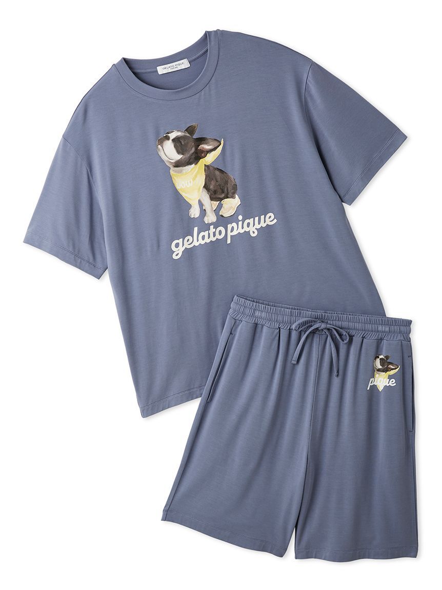 GELATO PIQUE HOMME「【HOMME】【接触冷感】レーヨンボストンテリアワンポイントTシャツ&ハーフパンツセット」|ルームウェア|NVY