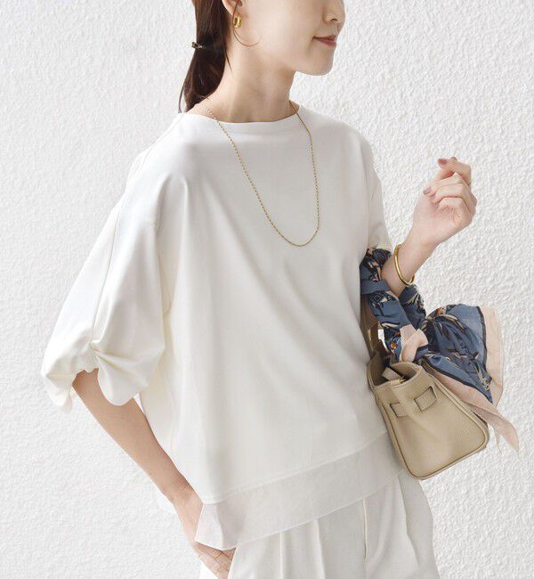 SHIPS for women「《一部追加予約》〈洗濯機可能〉袖 ツイスト デザイン シアー ドッキング TEE」|Tシャツ・カットソー|