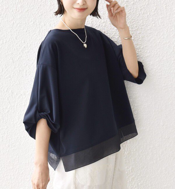 SHIPS for women「《一部追加予約》〈洗濯機可能〉袖 ツイスト デザイン シアー ドッキング TEE」|Tシャツ・カットソー|ネイビー