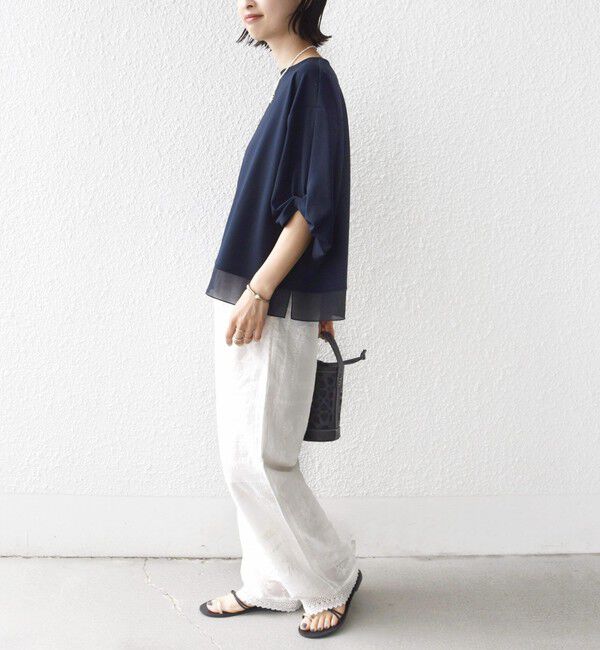 SHIPS for women「《一部追加予約》〈洗濯機可能〉袖 ツイスト デザイン シアー ドッキング TEE」|Tシャツ・カットソー|