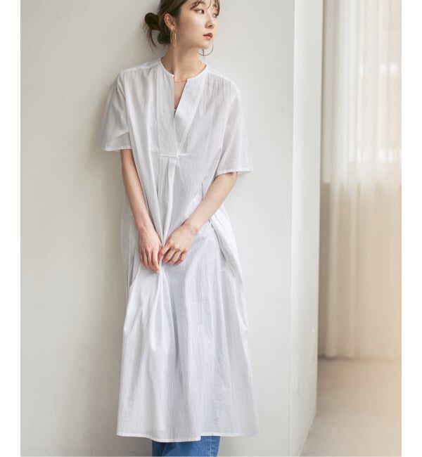 NOBLE「【洗える】normment/ノーメント STRIPE JQD SHORT SLEEVE DRESS」|ワンピース|ホワイト