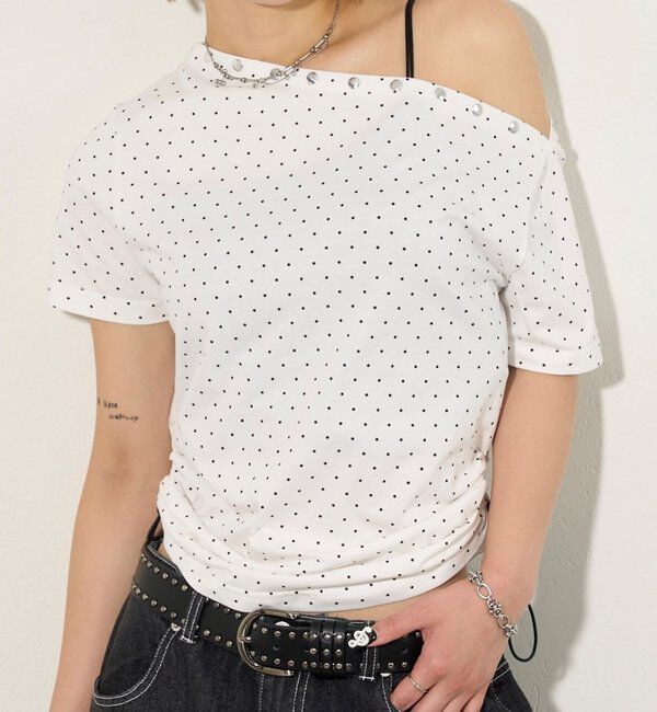  「アソート (カモ柄/ヒョウ柄)/ドット柄)スタッズドロストワンショルTEE」|Tシャツ・カットソー|ホワイト