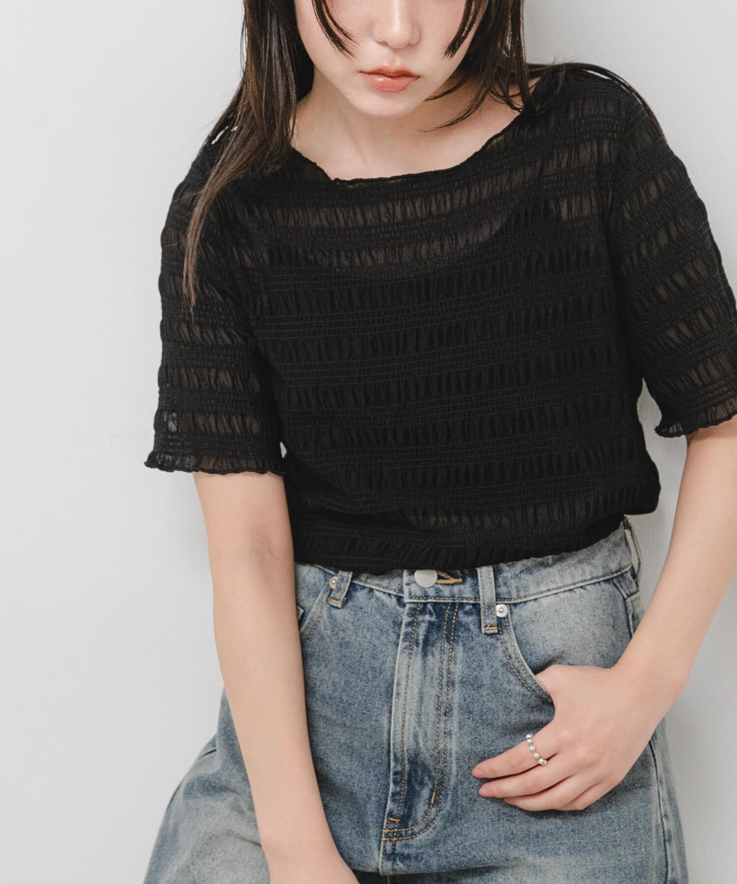 SENSE OF PLACE by URBAN RESEARCH「シャーリングシアートップ(5分袖)」|Tシャツ・カットソー|ブラック