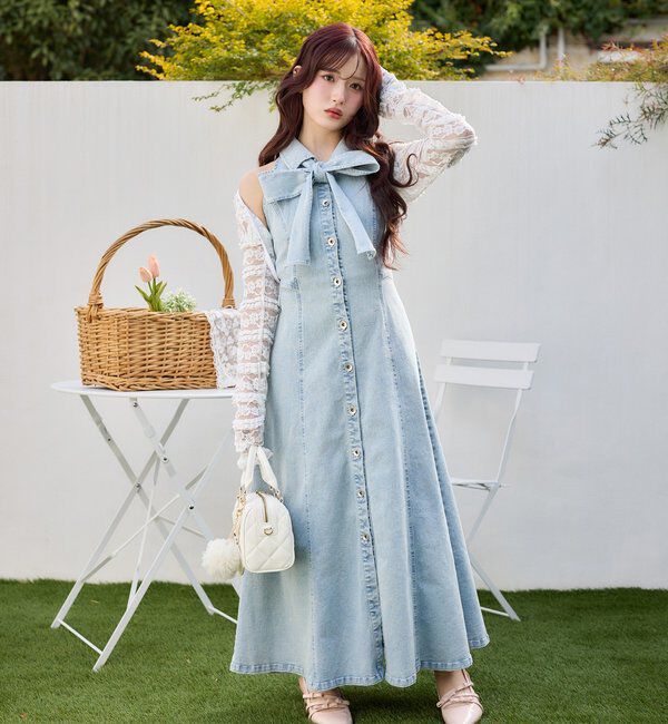  「【Denim Collection】ボレロセットサイドカットロングワンピ」|ワンピース|ブルー
