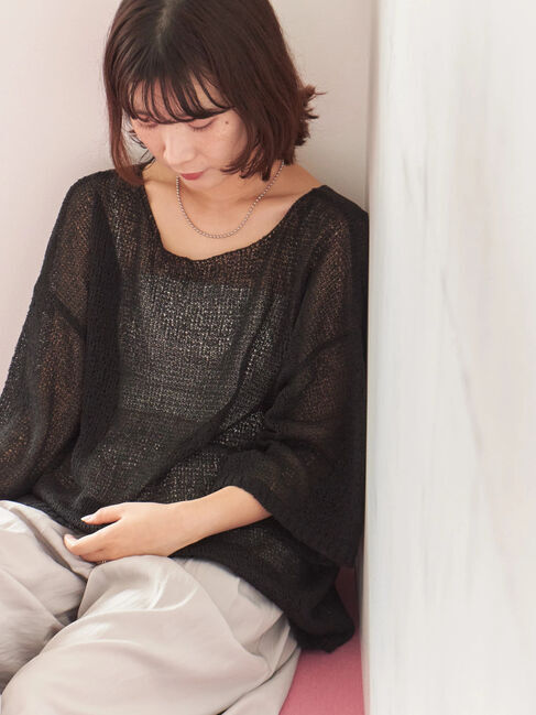 Samansa Mos2 blue「◎7分袖シアーニット」|ニット・セーター|