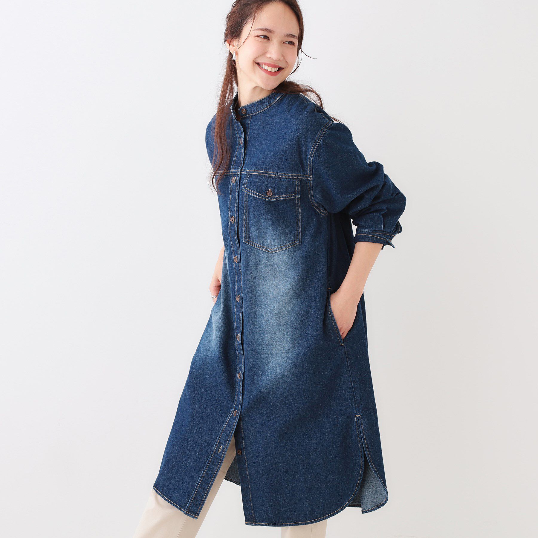 SHOO･LA･RUE「【洗える/体型カバー】デニム シャツワンピース」|ワンピース|ネイビー(094)