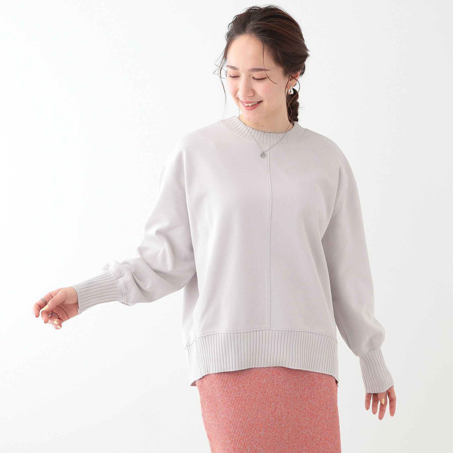 SHOO･LA･RUE「【洗える/S-LL】長めのリブでお袖すっきり 異素材トップス」|Tシャツ・カットソー|
