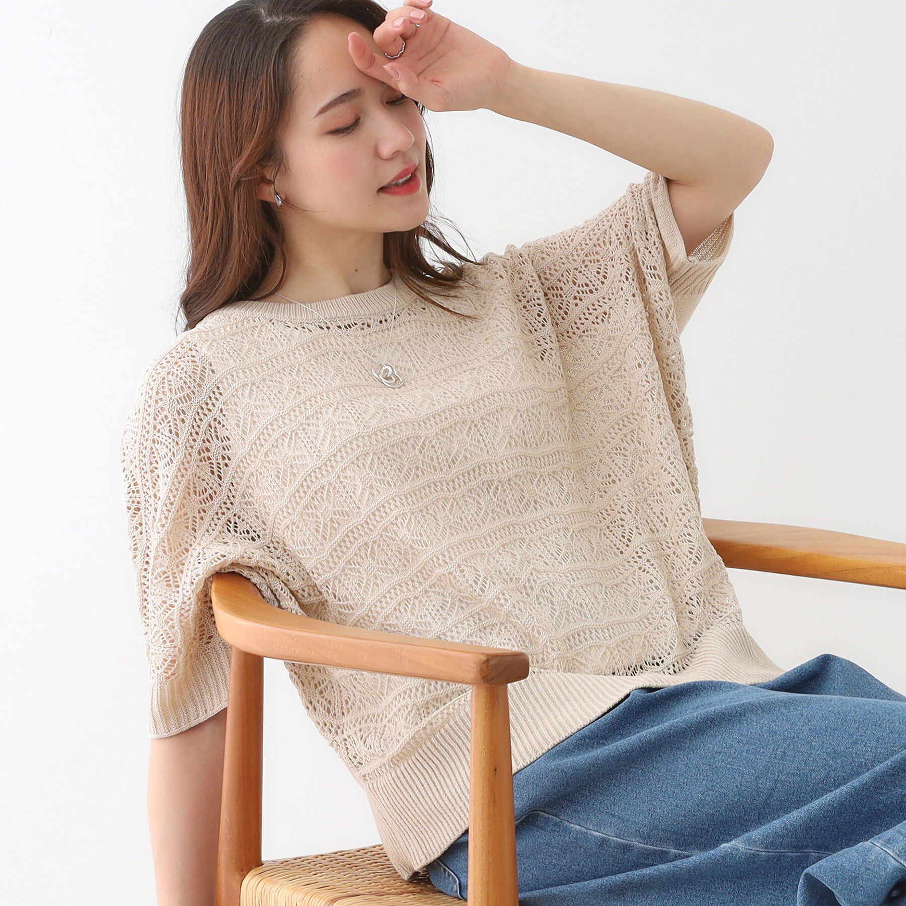 SHOO･LA･RUE「【洗える/S-LL/2点セット】着るだけでコーデが決まる 透かし柄ドルマンニット＋タンクトップ」|その他|グレージュ(050)