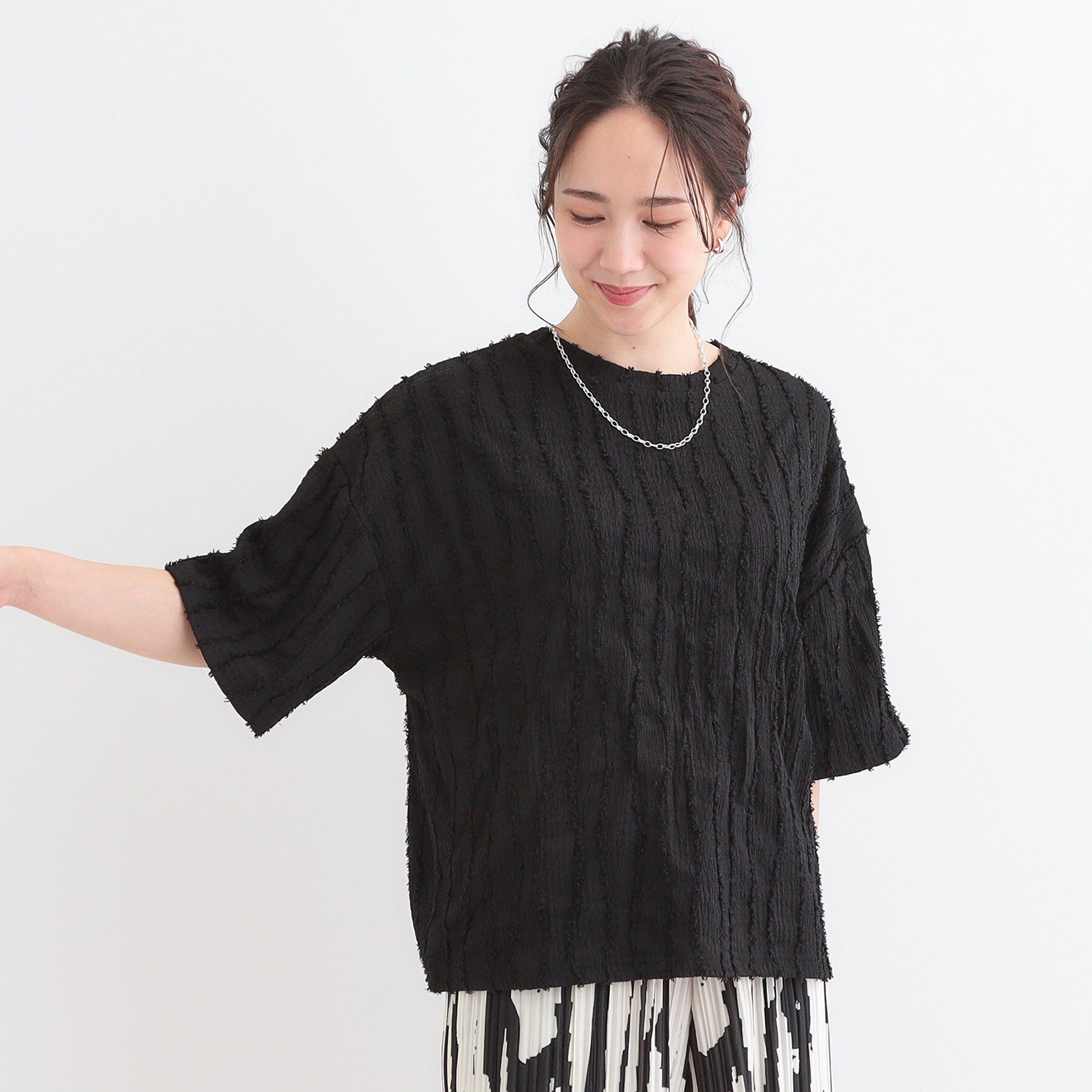 SHOO･LA･RUE「1枚で着映え ジャカードフリンジ5分袖トップス」|Tシャツ・カットソー|