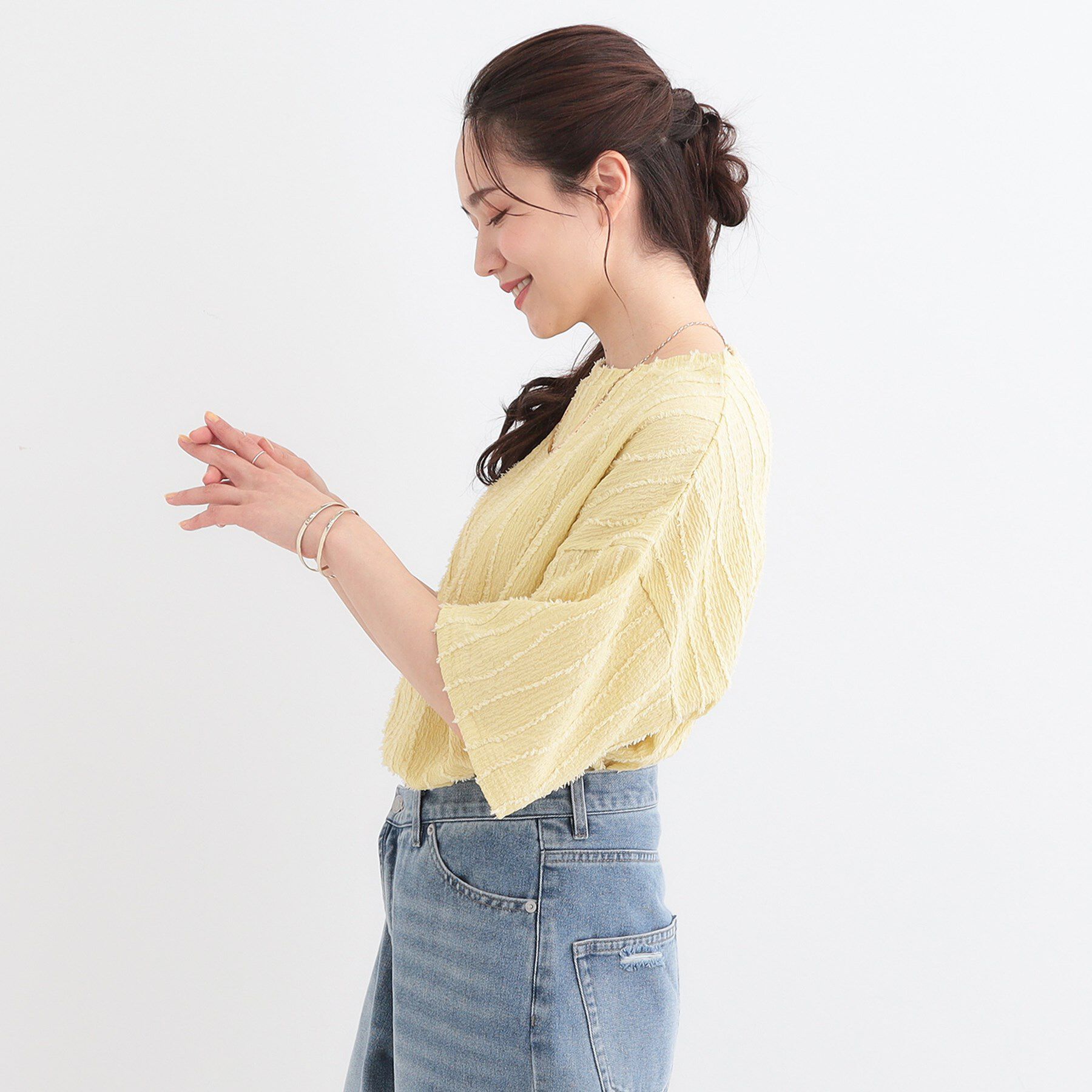 SHOO･LA･RUE「1枚で着映え ジャカードフリンジ5分袖トップス」|Tシャツ・カットソー|