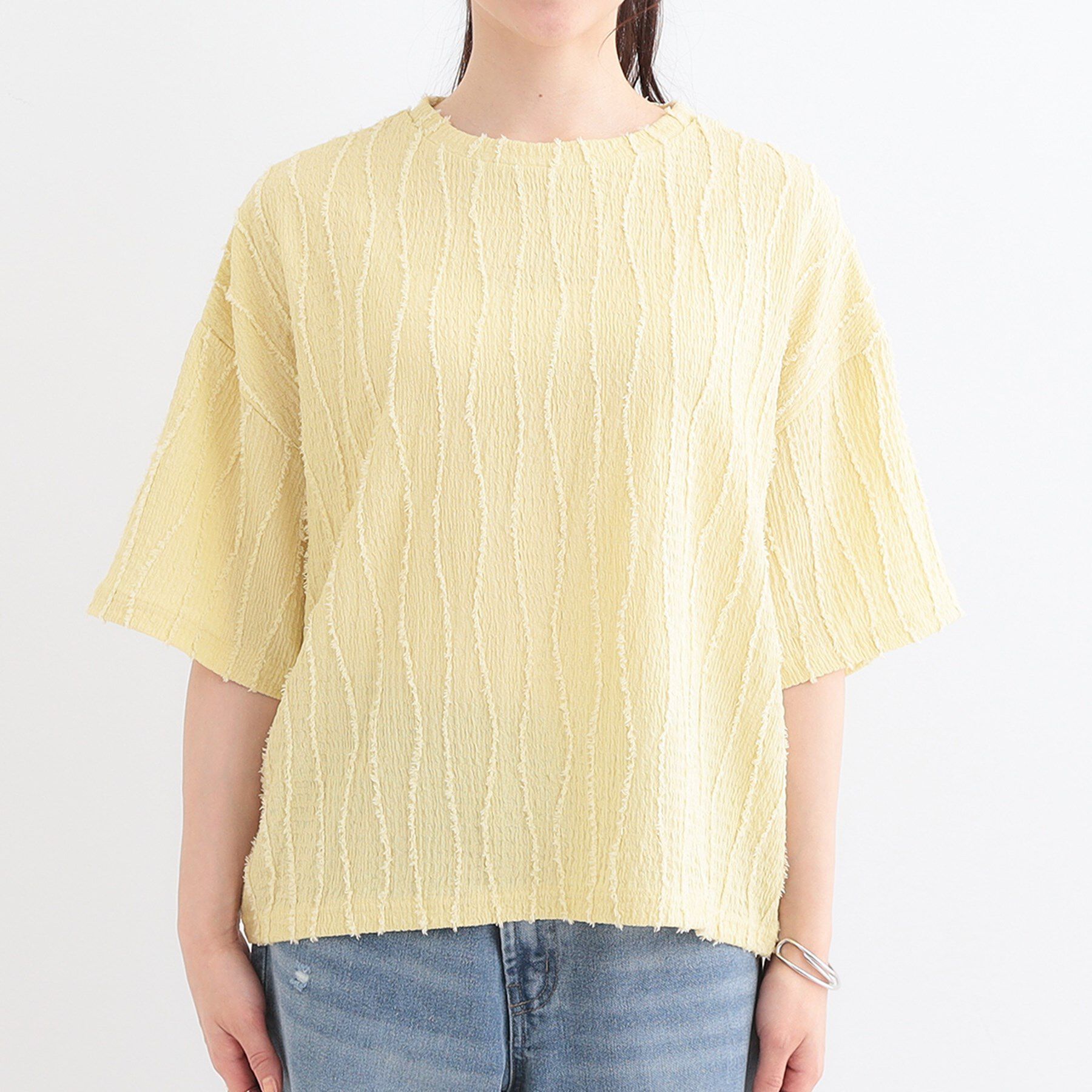 SHOO･LA･RUE「1枚で着映え ジャカードフリンジ5分袖トップス」|Tシャツ・カットソー|