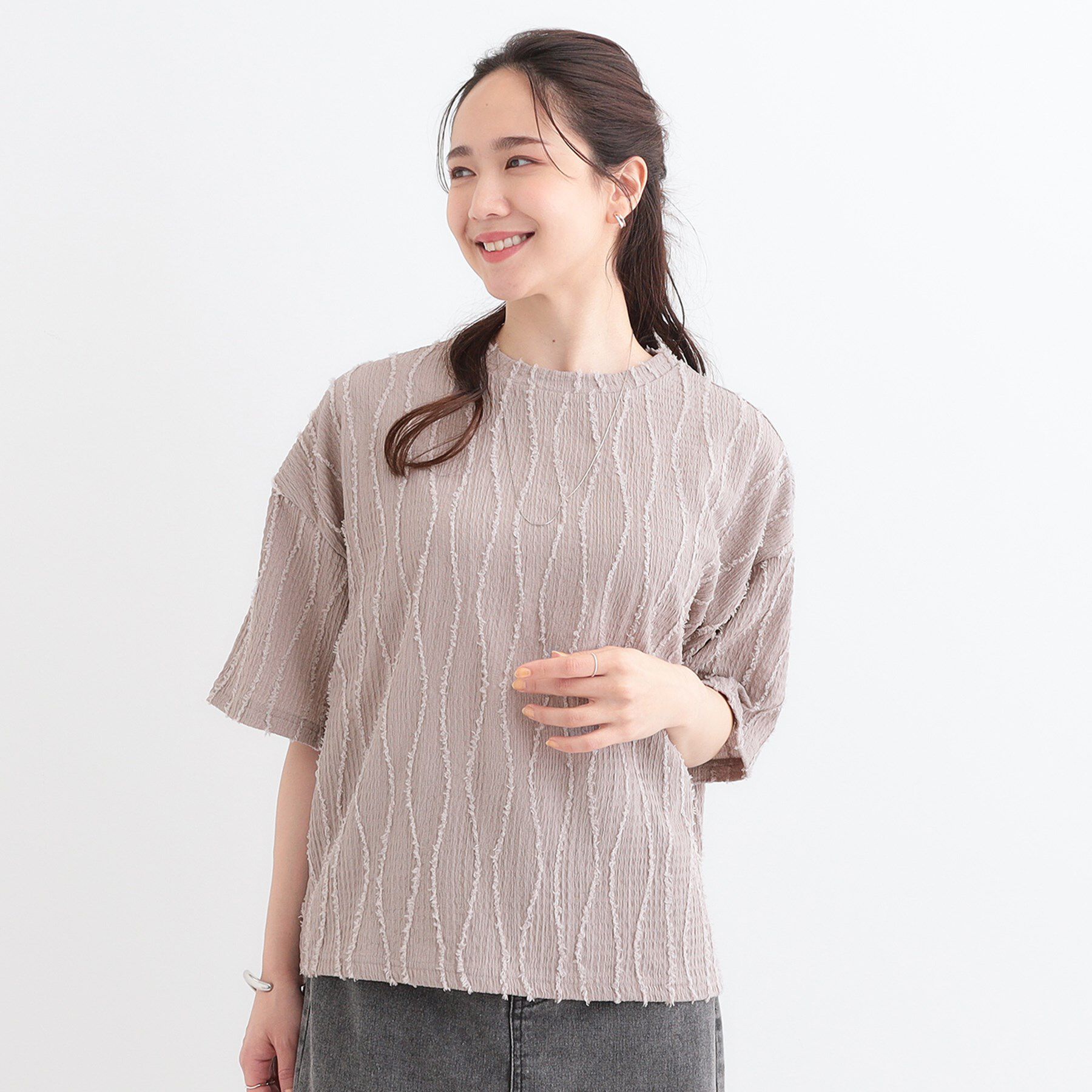 SHOO･LA･RUE「1枚で着映え ジャカードフリンジ5分袖トップス」|Tシャツ・カットソー|