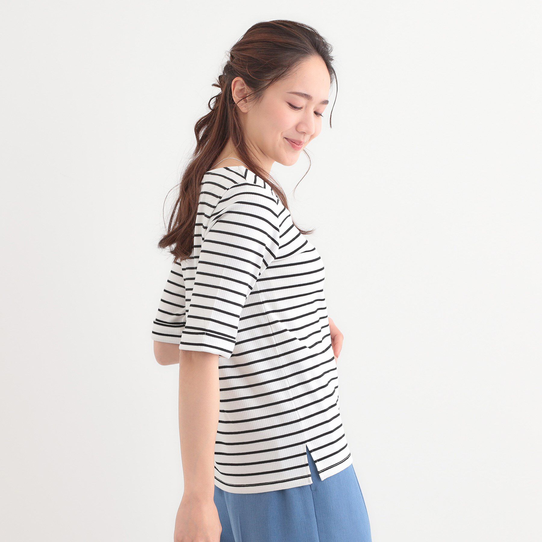 SHOO･LA･RUE「【S-LL】1枚でもインナーでも テレコ5分袖トップス」|Tシャツ・カットソー|