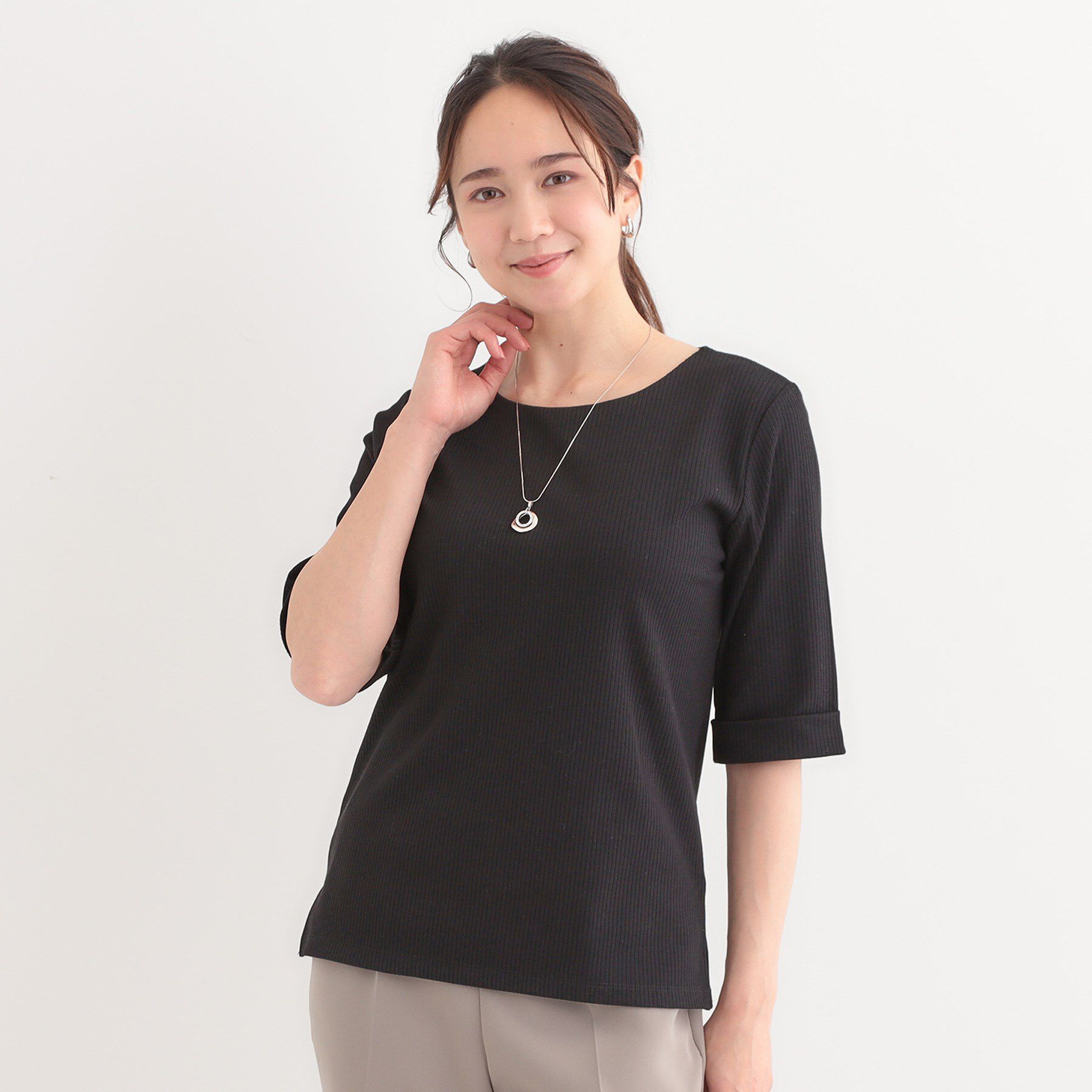 SHOO･LA･RUE「【S-LL】1枚でもインナーでも テレコ5分袖トップス」|Tシャツ・カットソー|