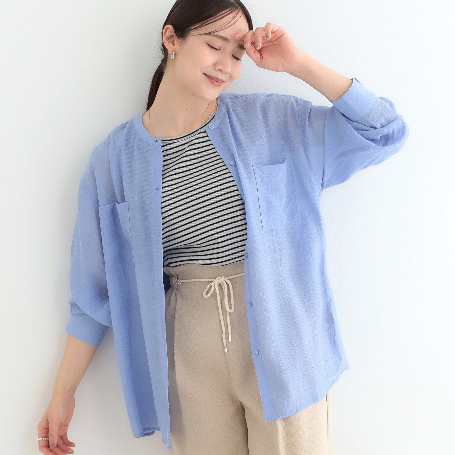 SHOO･LA･RUE「【高レビュー】大人のシアー感 バンドカラーシャツ」|シャツ・ブラウス|ブルー(091)