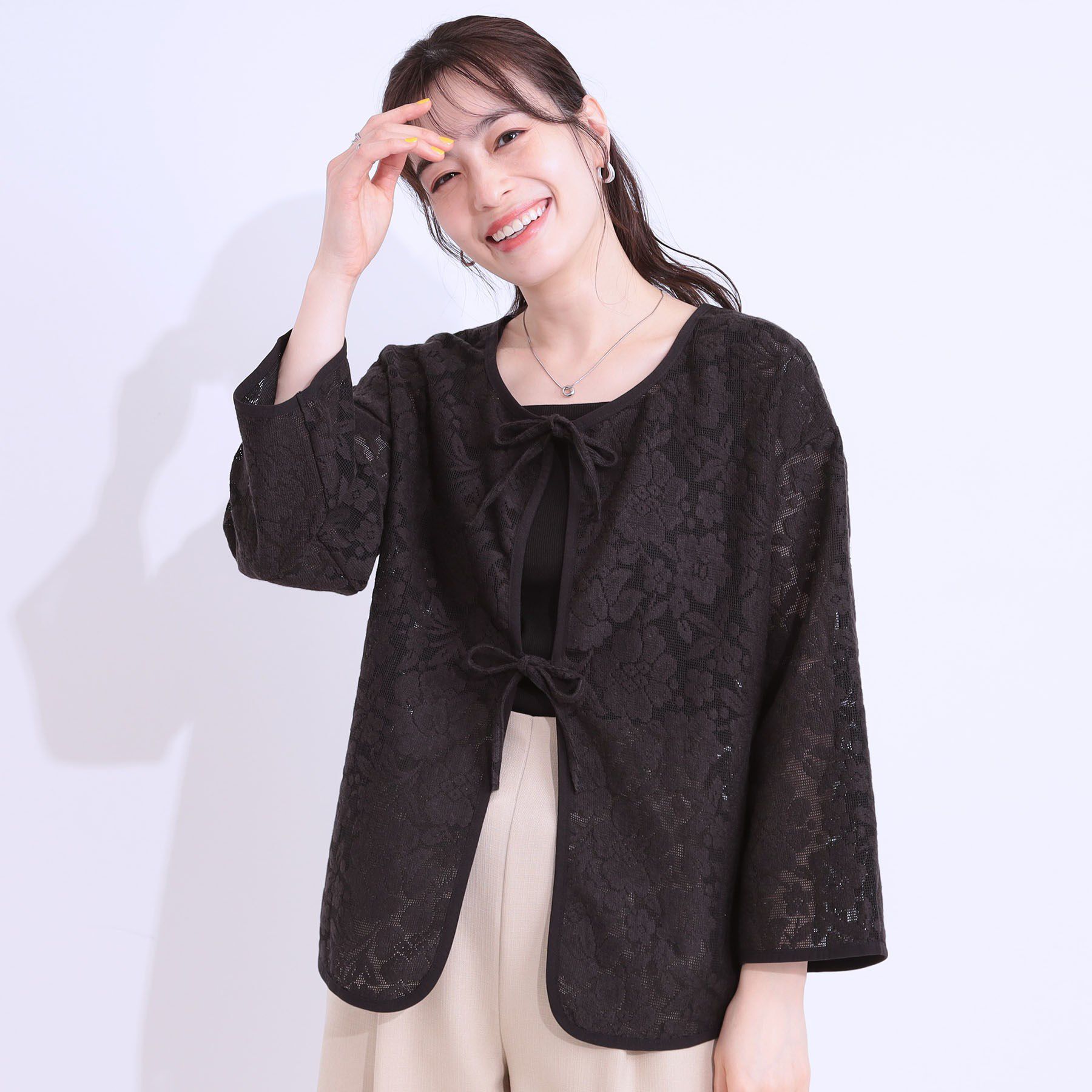 SHOO･LA･RUE「【前後2WAY/S-LL】メッシュ&times;レースがこなれ見え リボントップス」|Tシャツ・カットソー|