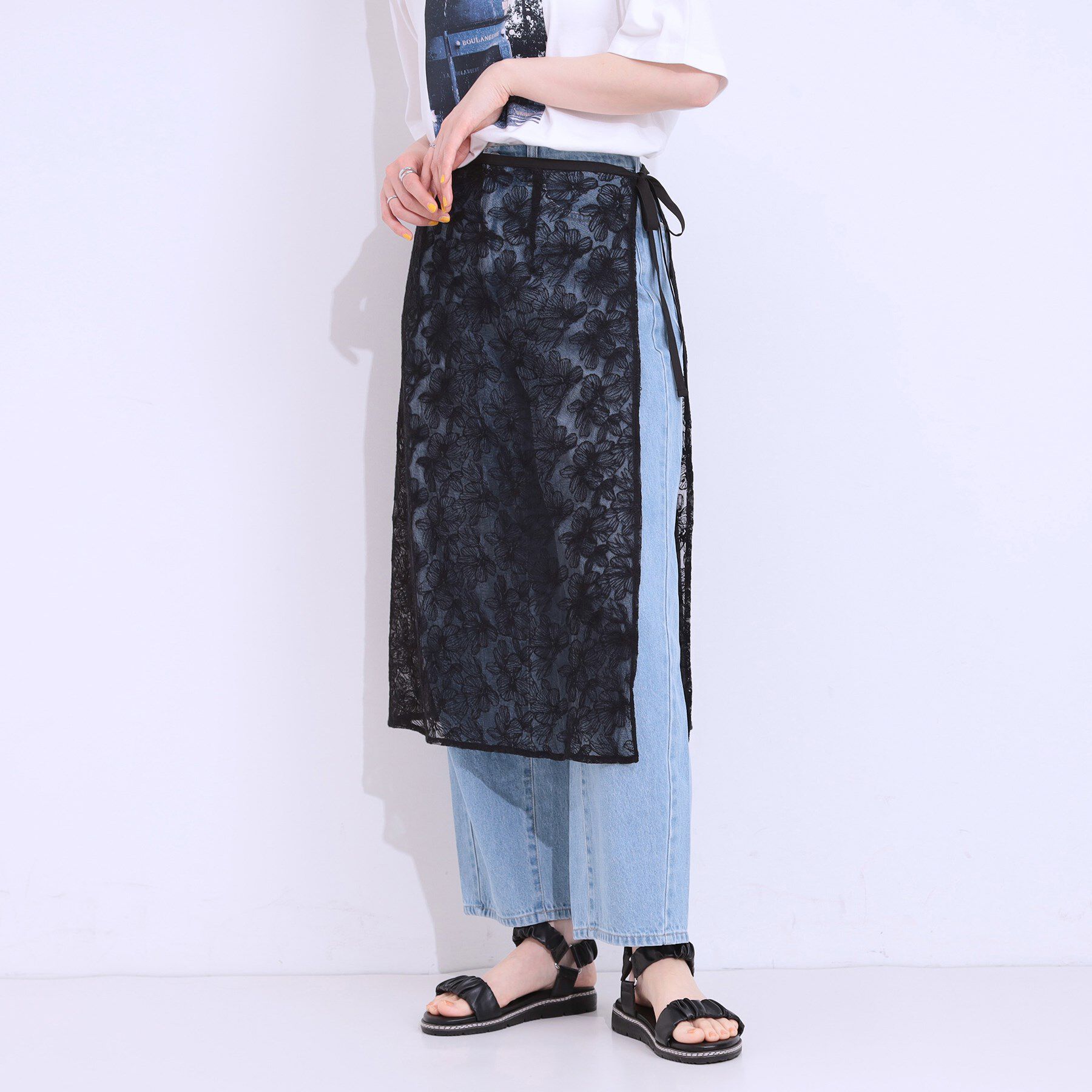 SHOO･LA･RUE「【洗える】チュール刺繍ラップスカート」|スカート|ブラック(019)