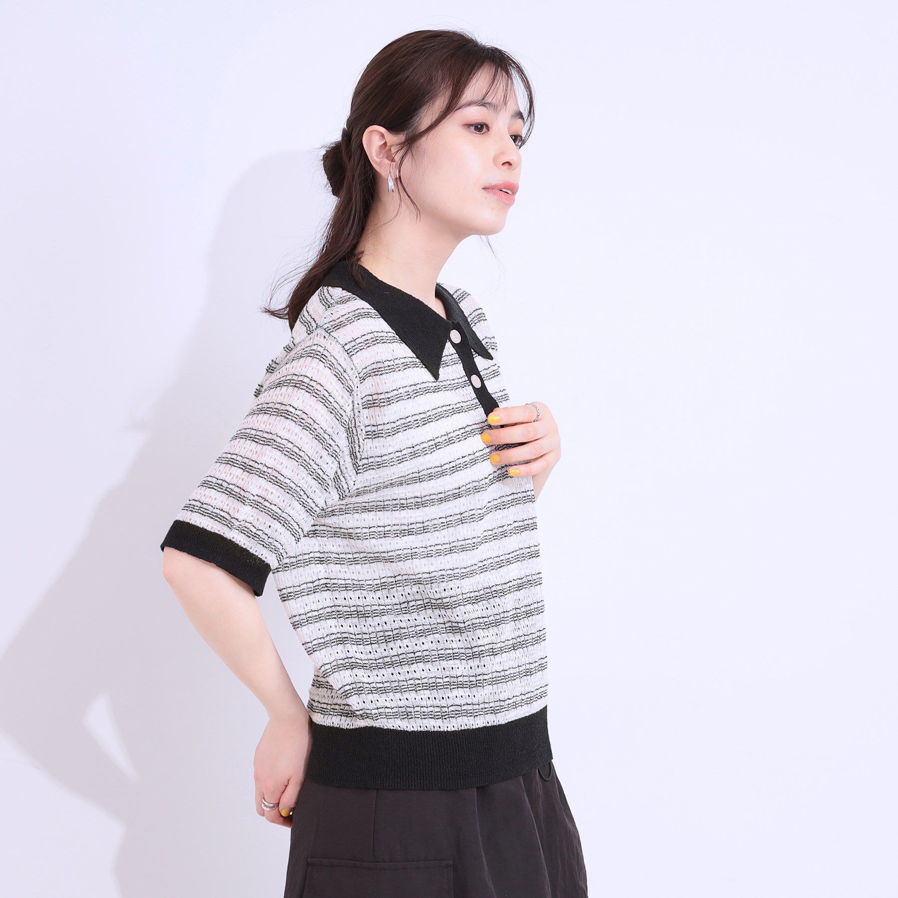 SHOO･LA･RUE「【S-LL】大人カジュアルコーデに 透かし編みボーダー ポロニット」|ニット・セーター|